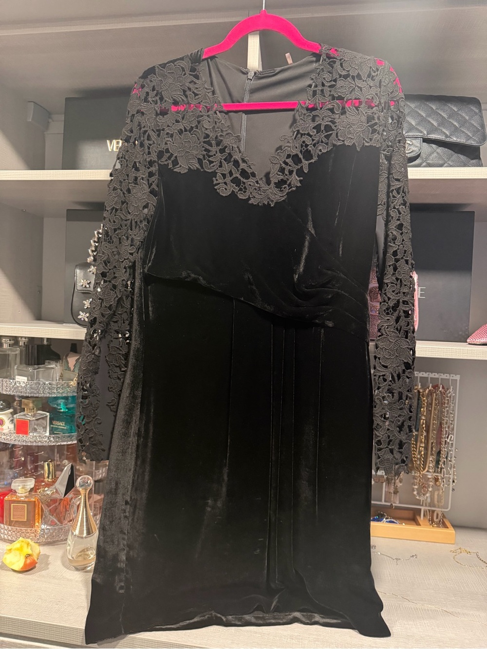Elie Tahari Black Velvet Dress with Lace Long Sleeves